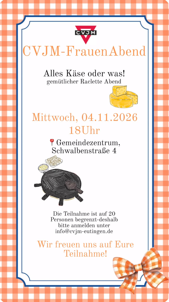 CVJM-Eutingen Gemeindezentrum Mäuerrach Stadtteil Eutingen Pforzheim FrauenAbend November 2026 _ Raclette - Flyer