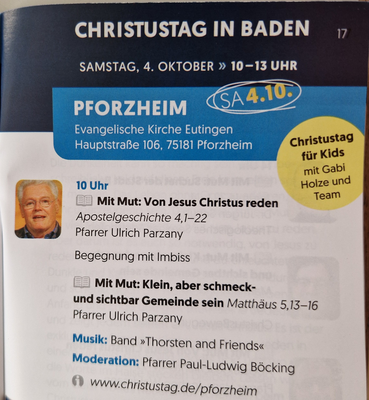 CVJM -Eutingen e.v., Christustag Oktober 2025 Pfarrer Ulrich Parzany Flyer Inhalt Pforzheim